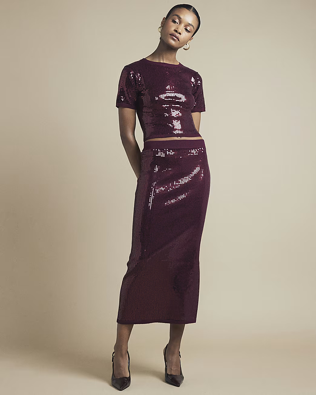 Red Knit Sequin Short Sleeve Top | River Island (UK & IE)