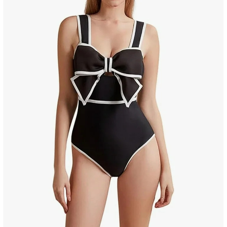 JASGARDE Women's Black and White One-Piece Swimsuit with Bow-tie Decor One Piece Bathing Suit Bea... | Walmart (US)