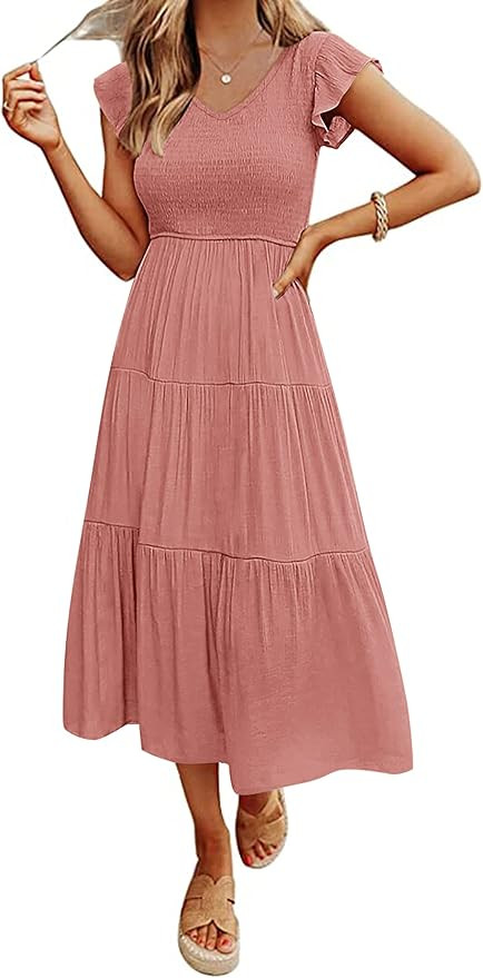 MEROKEETY Women's Summer 2026 Casual Midi Dress Flutter Sleeve V Neck Smocked Tiered Beach Vacati... | Amazon (US)
