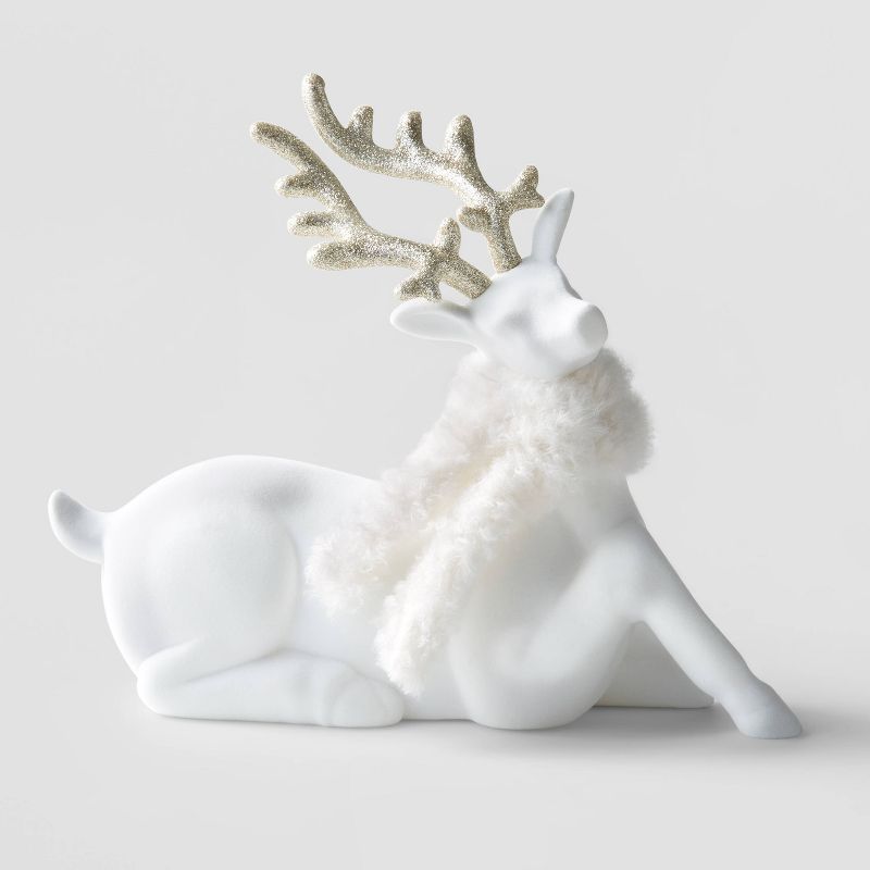 8.5" Flocked Sitting Deer Decorative Figurine with Gold Glitter Antlers White - Wondershop™ | Target