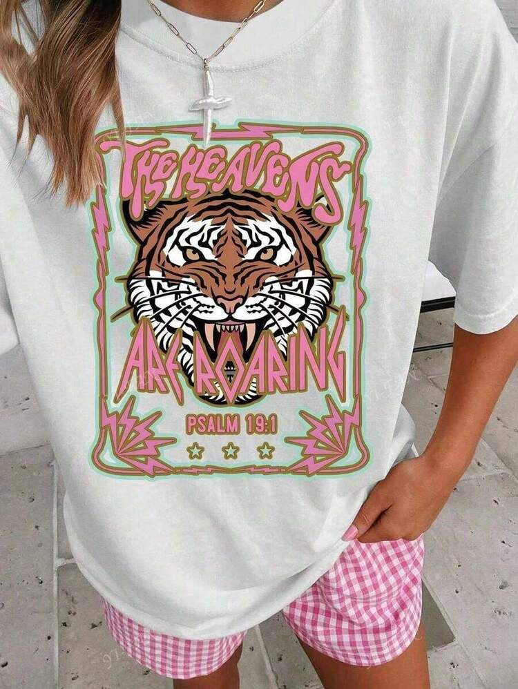 Heavens Roaring Tiger Print Casual Loose Fit Round Neck Short Sleeve Top, Suitable For Women In Spring And Summer,Summer Outfits For Women, Summer Casual Short Sleeve T-Shirt,Summer Outfits For Women,Tops For Women,Women Top,Cotton Women Clothing,Women Tops,Clothes For Women,Graphic Tees Women,4th Of July Women, Heaven's Roaring Tiger T-Shirt - Women's Graphic Print Tee - 100% Cotton Loose Fit Short Sleeve - Spring/Summer Casual Top - Bold Animal Streetwear Style Tiger Graphic T-Shirt Women - Heaven's Roaring Print - 100% Cotton Loose Fit - Spring Summer Casual Streetwear Top Majestic Tiger Print Tee - Handcrafted Asian-Inspired Design - Soft Oversized Women's Top - Festival & Vacation Outfit Roaring Tiger T-Shirt - Women's Graphic Cotton Top2026 | SHEIN