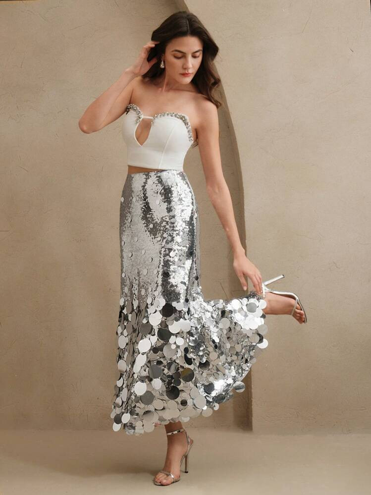 Anewsta Women's Silver Sequin Long Fashion Summer Bodycon Fishtail Skirt | SHEIN