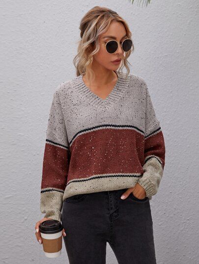 Drop Shoulder Color Block Oversize Sweater | SHEIN