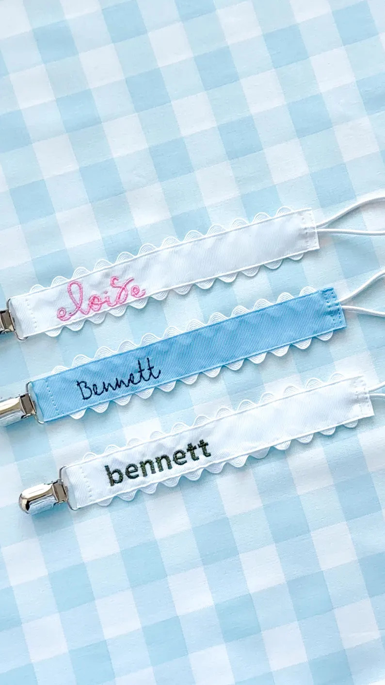 Custom Personalized Embroidered Pacifier Clip | Grosgrain Ribbon, Scalloped Trim, Metal Clip | Etsy (Global)