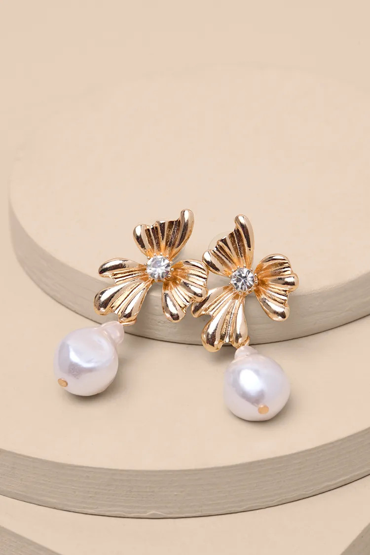 Tirana Gold Pearl Flower Drop Earrings | Lulus