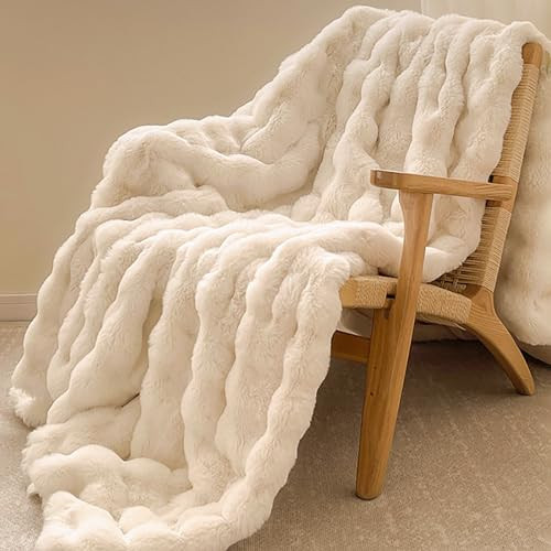 Faux Rabbit Fur Throw Blanket, Luxury Soft Warm Bubble Blanket for Bed, Couch, Sofa, Beige, 127 X 152 CM | Amazon (UK)