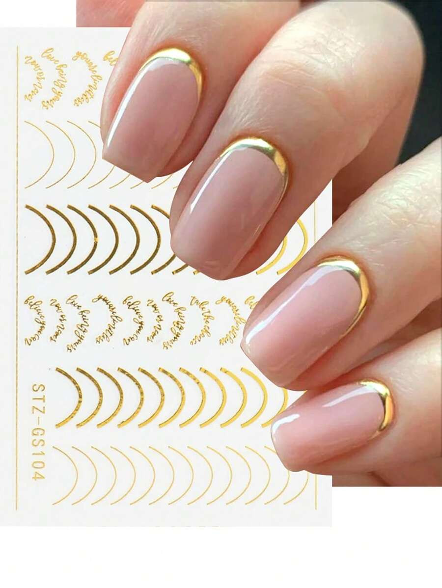Metallic Halfmoon Nail Sticker, 1sheet Golden Line Gold Thorns Curve Stripe Line Decals Nail Art ... | SHEIN
