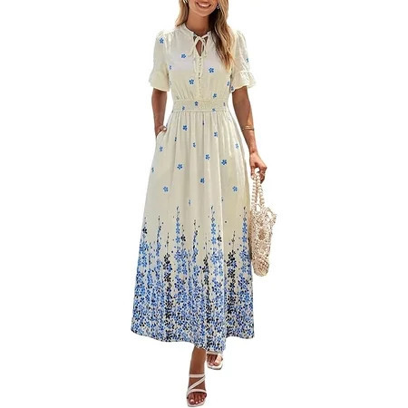 PRETTYGARDEN Women's Boho Floral Maxi Dress Summer Short Sleeve Tie V Neck Spring Wedding Guest Flowy Beach Sun Dresses | Walmart (US)