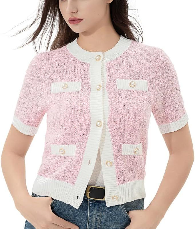 URBAN REVIVO Women's Short Sleeve Button Down Cropped Cardigans Sweater Crew Neck Rib Elegant Kni... | Amazon (US)