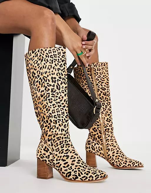 Never Fully Dressed knee-high boots in leopard print | ASOS (Global)