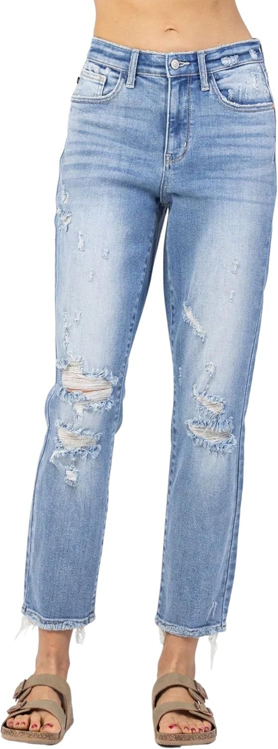 Judy Blue Women's 90's High Rise Slim Straight Leg Jeans with Destruction and Frayed Hem | Amazon (US)