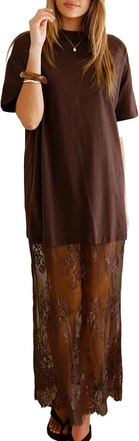 Maketina Mesh Floral Patchwork Dresses for Women Sexy Crewneck Short Sleeve T Shirt Oversized Max... | Amazon (US)