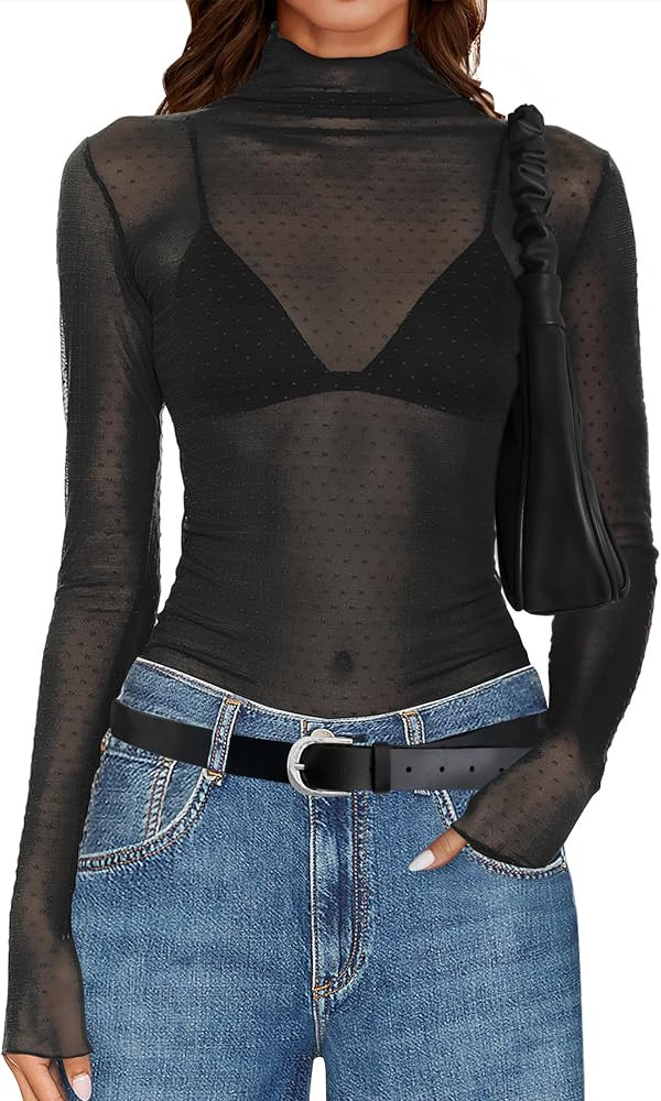 ZESICA Womens Mesh Sheer Lace Top Long Sleeve Mock Neck See Through Polka Dot Slim Tee Shirt Blou... | Amazon (US)