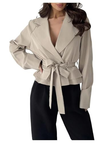 GORGLITTER Women's Cropped Short Trench Coat Jacket Blazer Fall Trendy Long Sleeve Belt Business Casual Work Outerwear Khaki Small | Amazon (US)