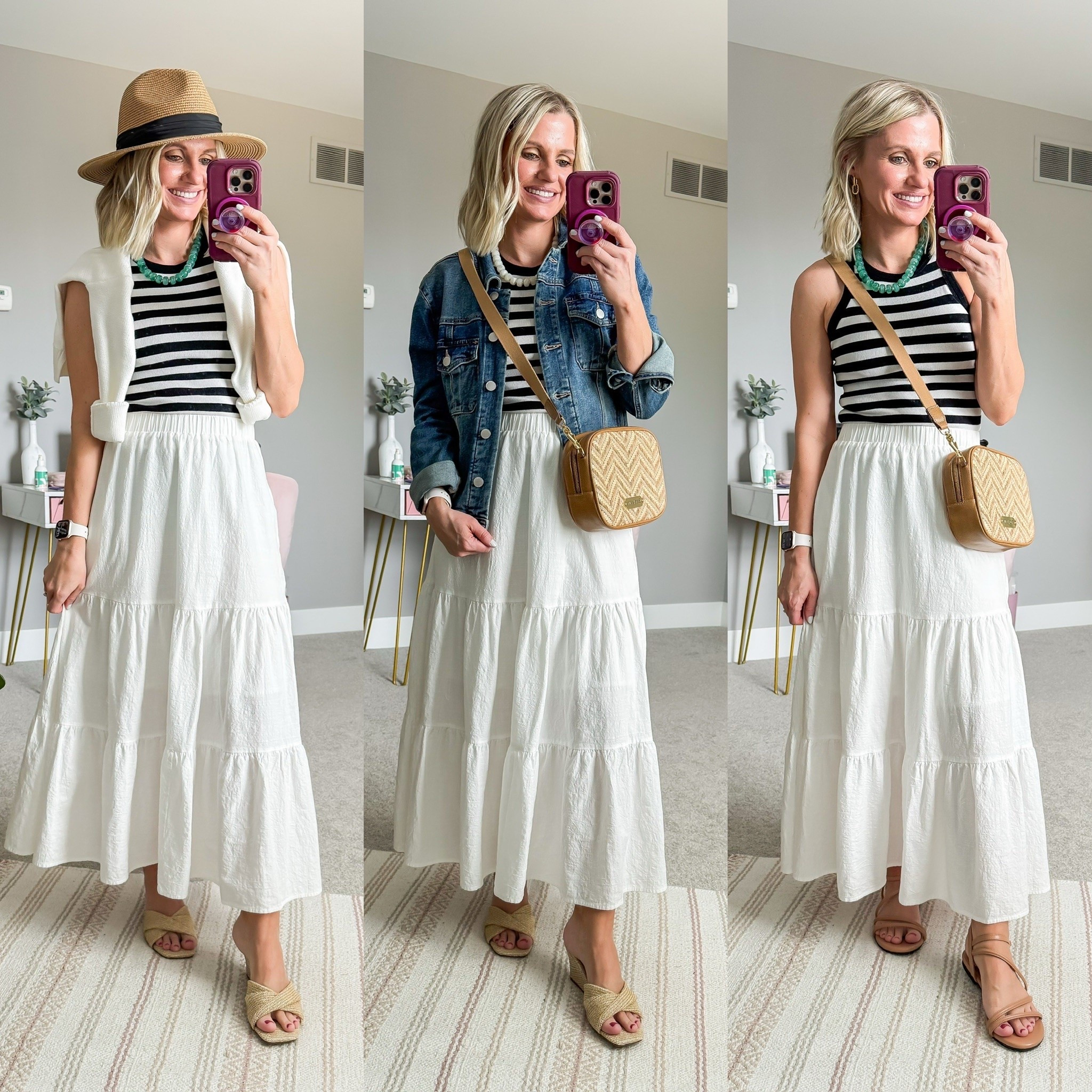Women’s capsule wardrobe outfits with white linen skirt.