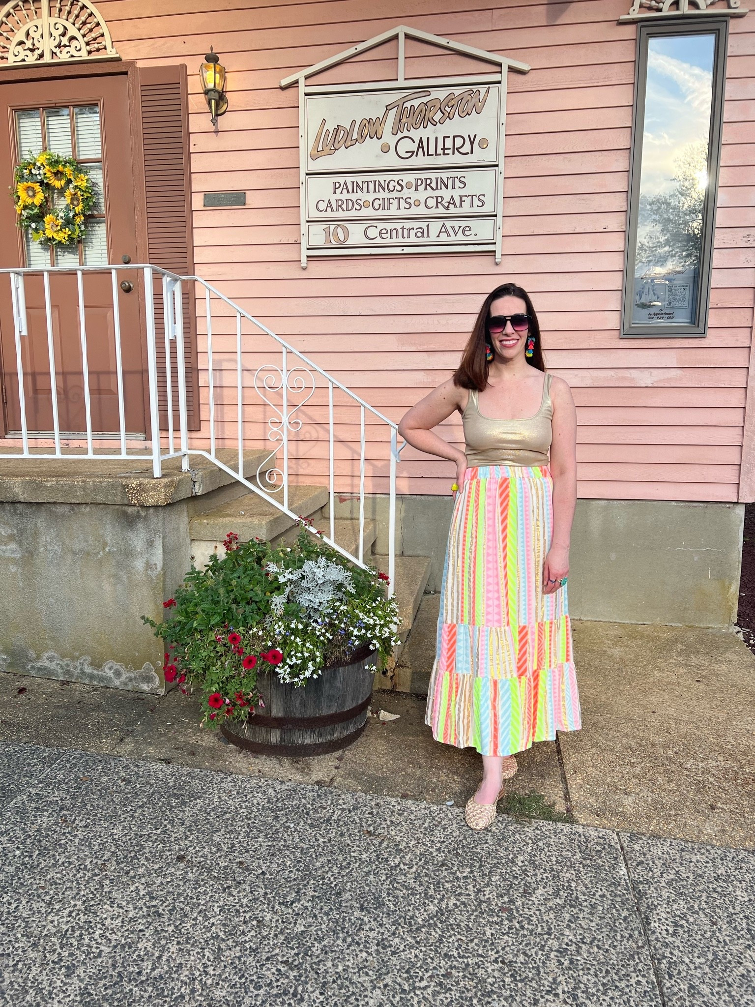 Gold metallic tank (s). Colorful striped maxi skirt (s). Gold weave ballet flats (9). #metallictank #goldtank #tanktop #skirt #maxiskirt #colorfulmaxiskirt #stripedskirt #goldflats #flats #balletflats

#LTKootd #LTKSeasonal