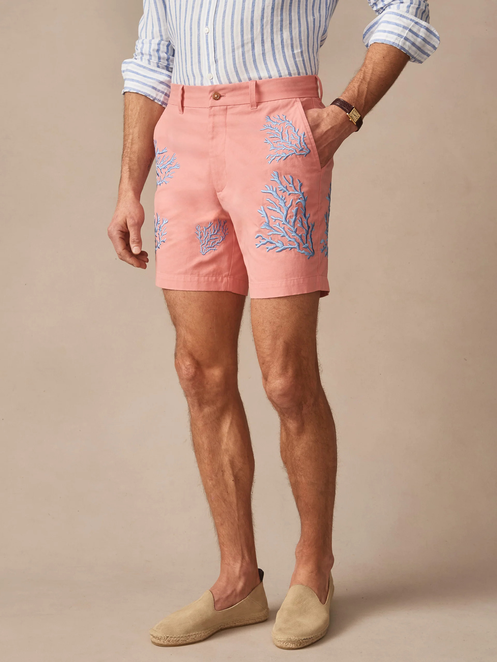 J.McLaughlin Men's Chatham Embroidered Shorts in Coral, Size 36 | Cotton/Linen | J.McLaughlin