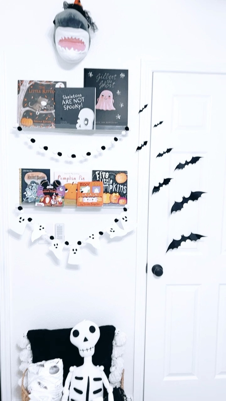 Halloween Books on acrylic bookshelves, book nook, wall bats, ghost garland, skeleton stuffie, kids, baby, 

#LTKfamily #LTKkids #LTKHalloween