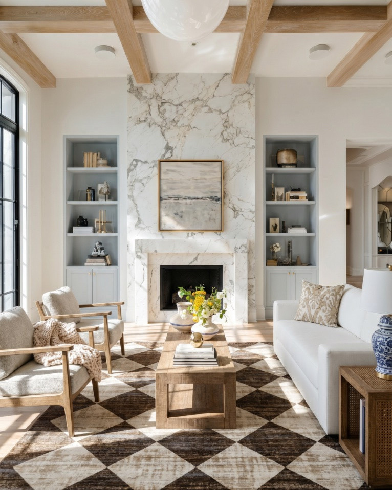 • White upholstered sofa (modern clean lines)
• Light wood frame accent chair (neutral cushion)
• Chunky knit throw blanket (cream / beige)
• Light wood rectangular coffee table (minimal / modern)
• Neutral checkered area rug (brown / cream pattern)
• Marble fireplace surround (white with gray veining)
• Large abstract landscape wall art (neutral tones, gold frame)
• Built-in shelving (painted soft gray)
• Decorative books (neutral stacked styling)
• Small ceramic decor objects (matte black / stone finish)
• Brass candle holders (modern minimal)
• Glass decorative vases (clear / smoked)
• Wood ceiling beams (light natural finish)
• Round flush mount ceiling light (white globe)
• Ceramic vase (rounded neutral tone) • Fresh floral arrangement (yellow + white flowers) • Decorative tray (light wood or stone) • Stacked coffee table books (neutral covers) • Small brass sphere decor object
• Light wood side table (open shelf design) • Blue and white ceramic ginger jar • White table lamp (fabric shade, brass detail)
• Light wood sideboard cabinet (cane / woven door fronts) • Cane panel credenza (natural oak finish) • Blue and white ceramic ginger jars (traditional style) • White ceramic bowl (centerpiece decor) • Brass decorative tray (organic shape) • Floral still life wall art (gold frame) • Neutral floral wallpaper (textured / vintage style) • Brass wall sconces with white glass shades • White table lamp with brass hardware • Large ceramic table lamp base (blue/white pattern)

#LTKsale #LTKhome #LTKstyletip
