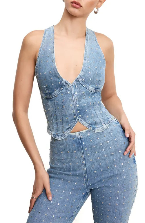 Good American Dolly Crystal Denim Vest in Indigo1023 at Nordstrom, Size Small | Nordstrom