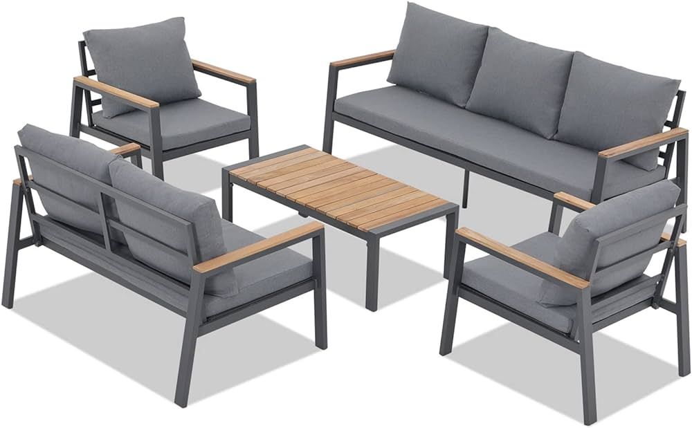 JOIVI Aluminum Patio Furniture Set, 5 Piece Outdoor Conversation Set with Teak Wood Top Coffee Ta... | Amazon (US)