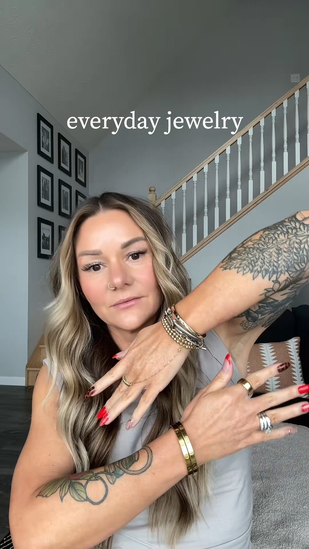 Earring stack is approved for sensitive ears 
Oura ring is gen 4 
Love Bracelets - option Main Gold no Zircon(Fifth Gen-6mm)
DY Rope ring - option 4
DY X Bangle - option white
DY Chain Toggle bracelet - option lime green
LV Bangle - option 13

Necklace is @tokenjewelrydesigns
Stretch bead bracelet is @stoneandstringco

Arm chain and other small bracelets are permanent and made at a jewelry party.

Hope you love them as much as I do! 🫶🏼 #LTKWatchNow 

#LTKOver40 #LTKStyleTip