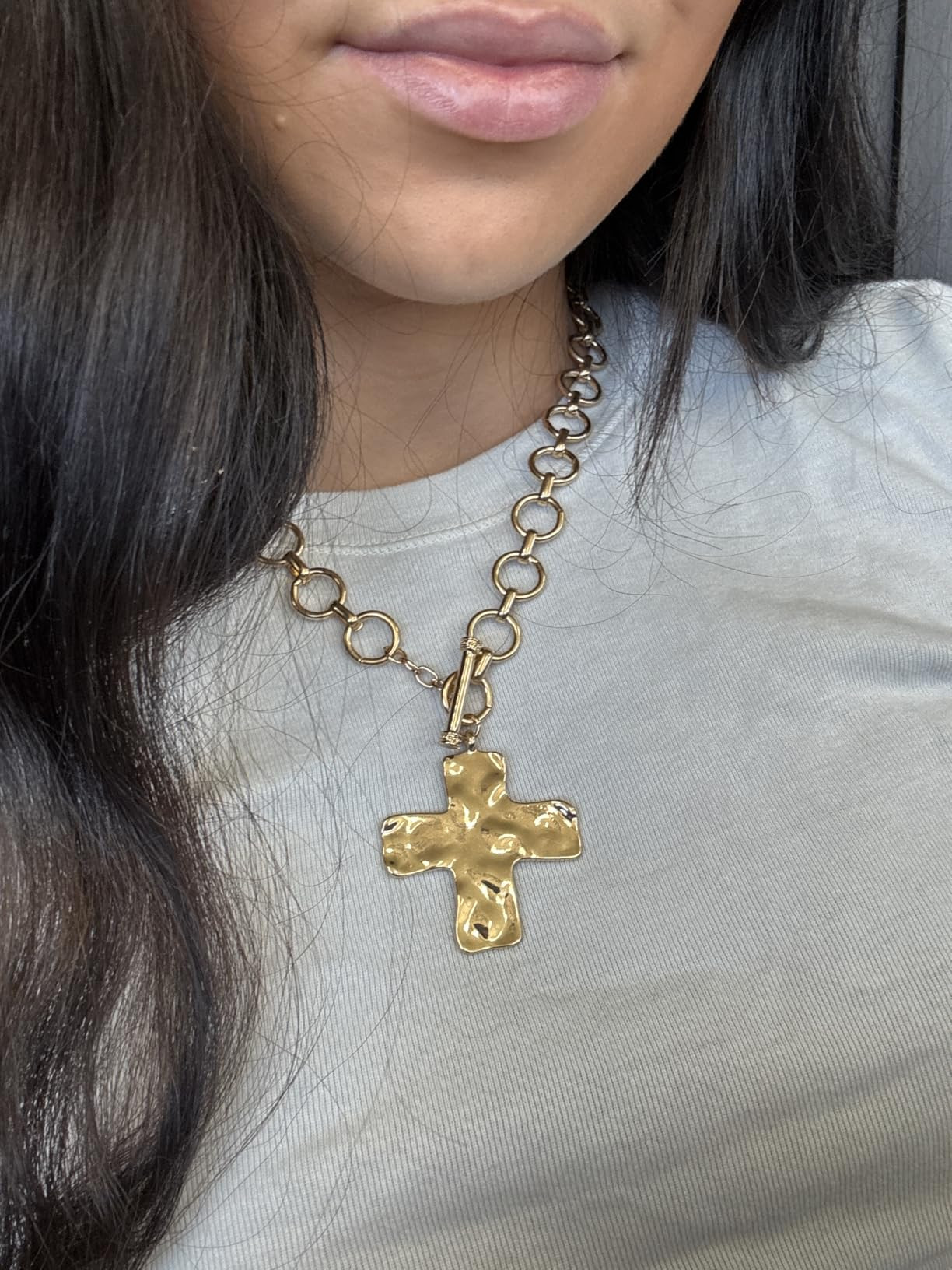 Chunky Statement Gold Hammered Bold Two Tone Cross Heart Star Necklace Thick Chain Vintage Layered Chain Beaded Choker Stacks Paperclip Summer Beach Jewelry | Amazon (US)