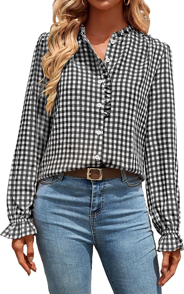 Bsubseach Plaid Shirt for Women Ruffle Button Down Blouse Gingham Top | Amazon (US)