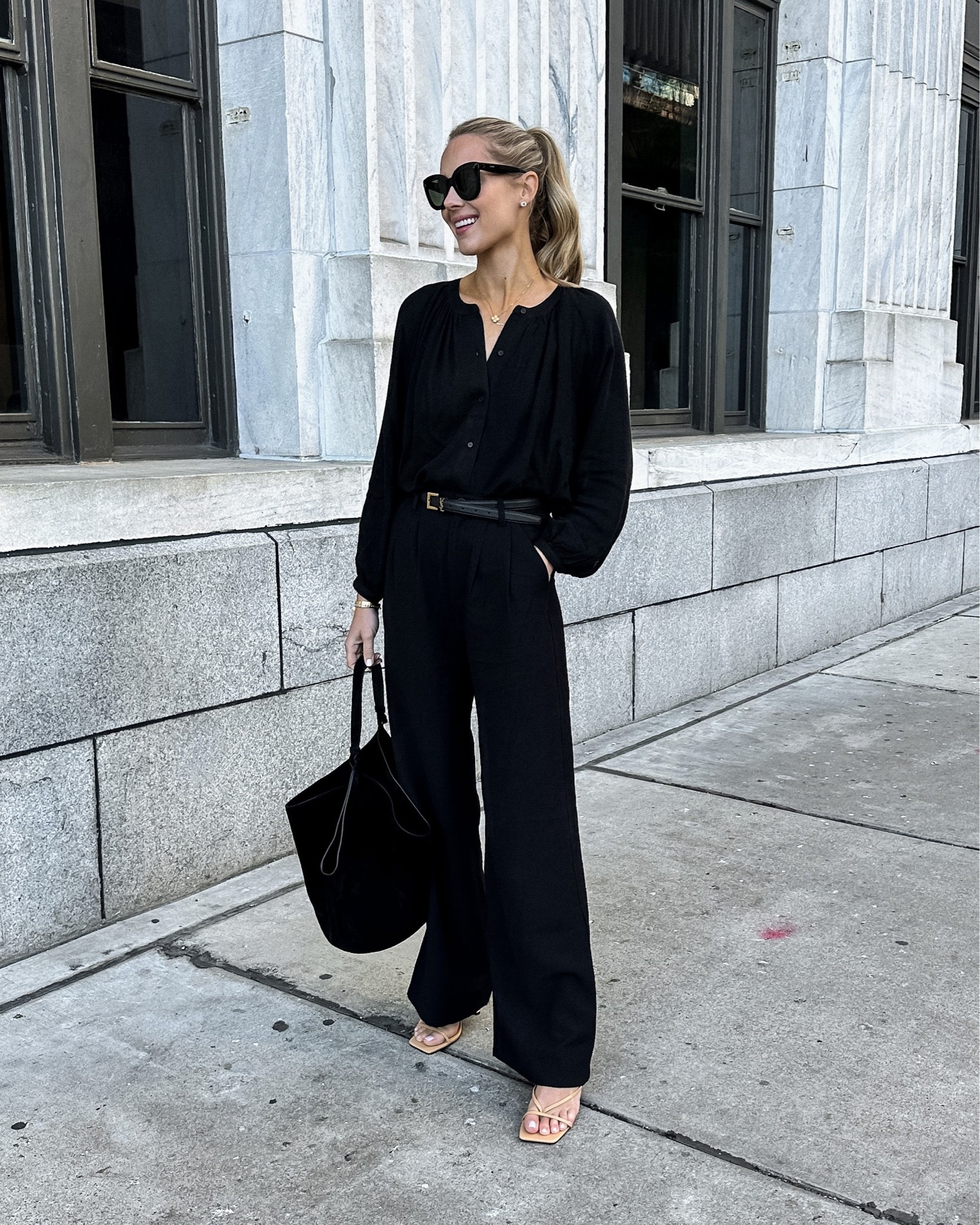 Fashion Jackson wearing Jenni Kayne blouse (size small - JACKSON15 discount code) black wide leg pants (small) tan heeled sandals, workwear, hobo bag, business attire #fashionjackson #falloutfits 

#LTKstyletip #LTKSeasonal #LTKworkwear