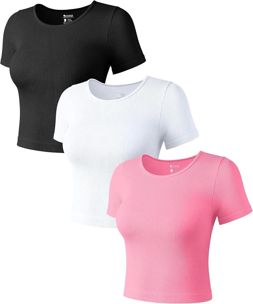 OQQ Womens 3 Piece Short Sleeve T Shirts Crew Neck Seamless Stretch Fit Basic Tee Crop Tops | Amazon (US)