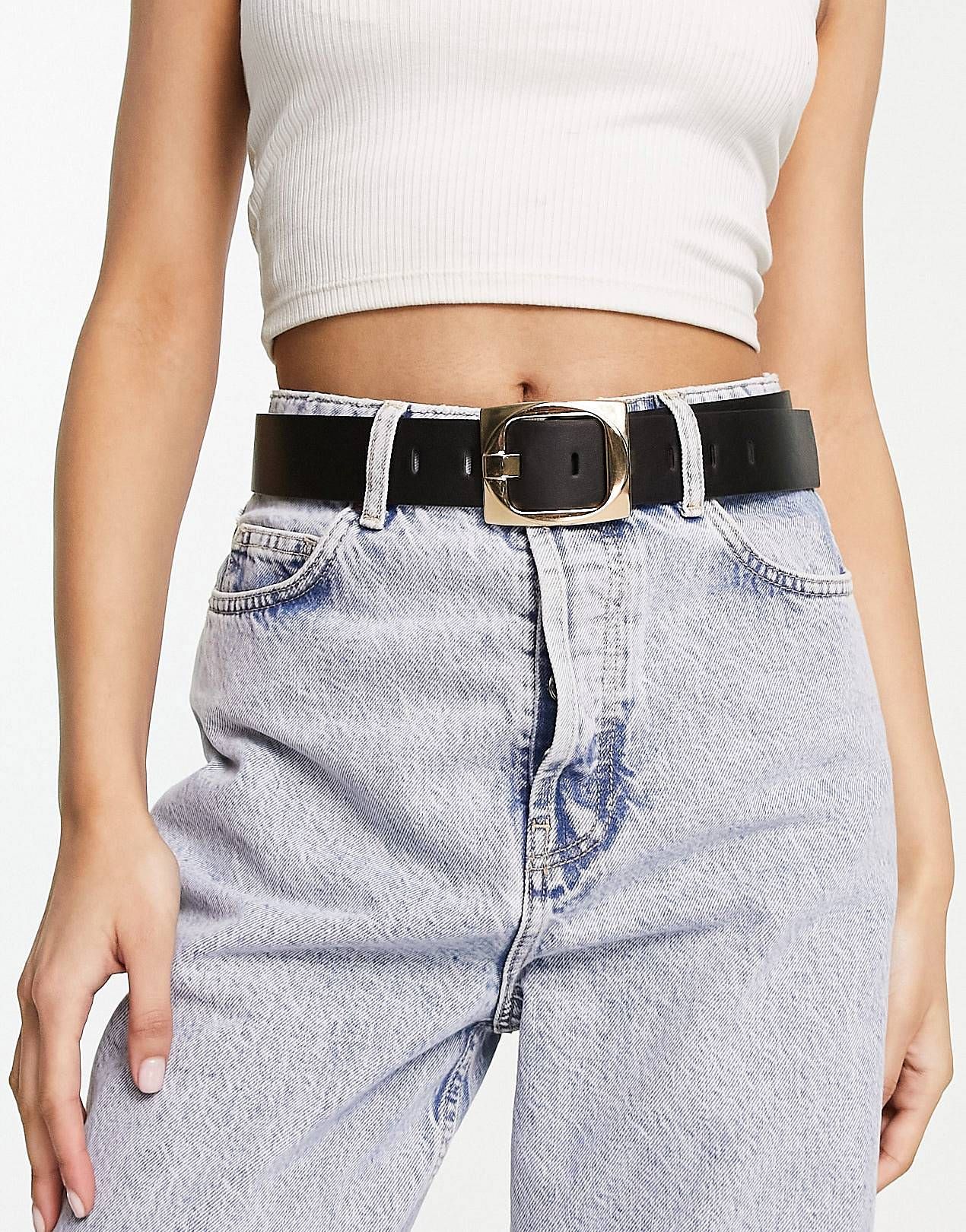 ASOS DESIGN chunky gold buckle waist and hip jeans belt in black | ASOS (Global)
