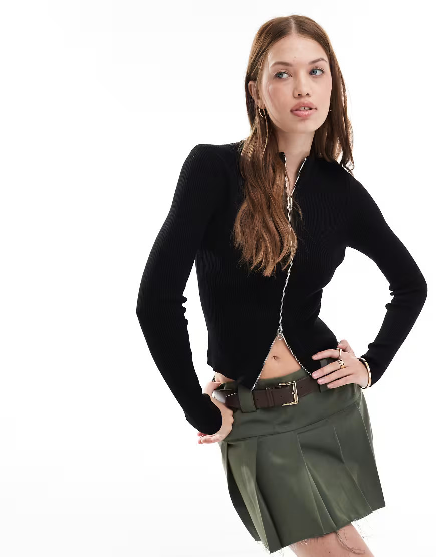 Brave Soul ribbed knitted zip front jumper in black | ASOS (Global)