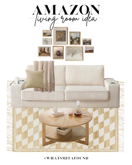Amazon living room idea, Amazon family room idea, living room inspo, family room inspo, beige couch, affordable couch, modern couch, ribbed couch, throw blanket, knit throw blanket, beige throw blanket, beige throw pillow, chenille throw pillow, check rug, checkered area rug, jute area rug, neutral area rug, gallery wall set, coffee table, round coffee table, wooden coffee table, neutral living room, amazon home furniture, amazon home decor 

#LTKstyletip #LTKhome #LTKsalealert