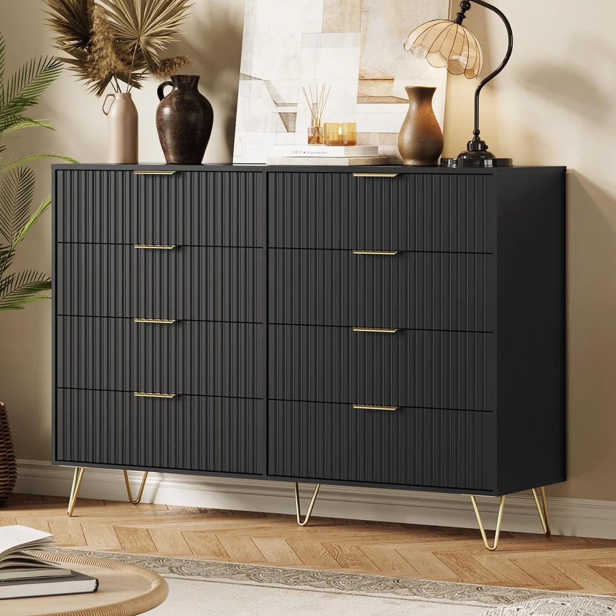 Mercer41 Modern Wood Dresser with 8 Fluted Drawers, Large Storage Chest with Metal Handles, Anti-... | Wayfair North America