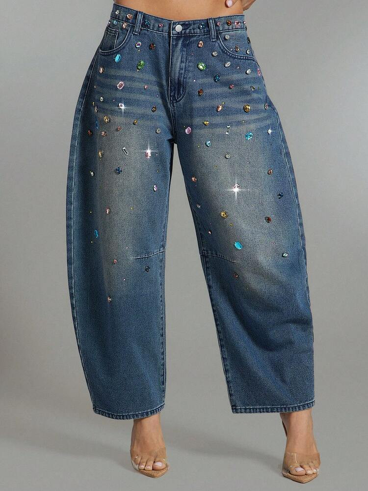 Denimoi Women's High Waist Rhinestone Decor Pocket Tapered Casual Jeans | SHEIN