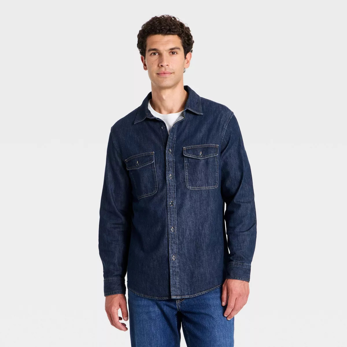 Men's Denim Long Sleeve Plaid Layer Button-Down Shirt - Goodfellow & Co\u2122 Dark Indigo XL | Target