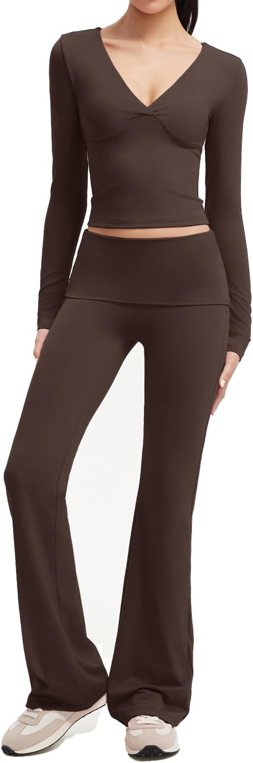SUUKSESS Women 2 pieces Lounge Sets Long Sleeve V Neck Tops Fold Over Flare Leggings | Amazon (US)