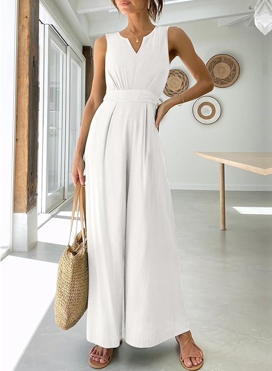 ANRABESS Women's Summer Wide Leg Jumpsuits V Neck Sleeveless High Waist Dressy Linen Romper with ... | Amazon (US)