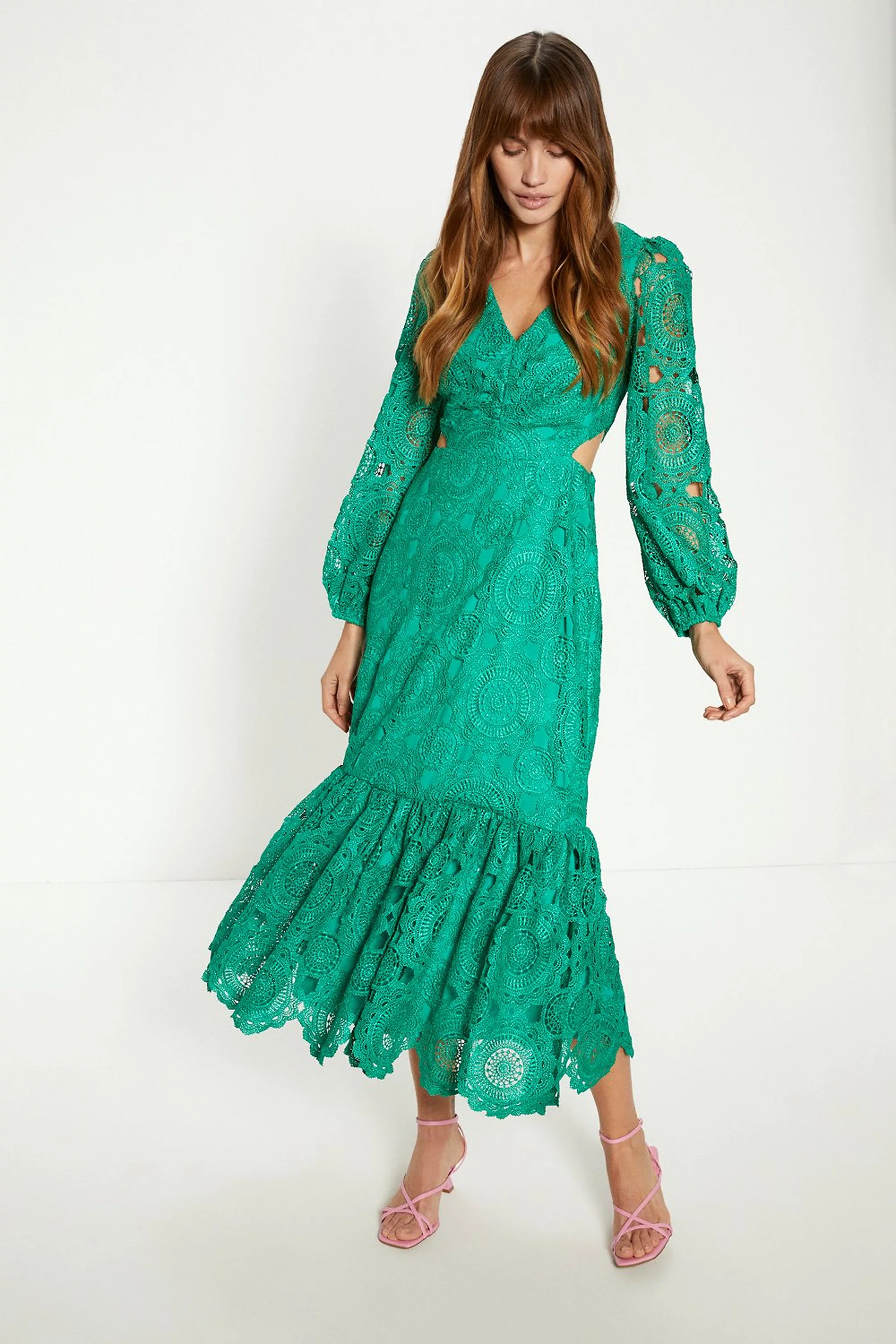 Premium Lace Cut Out V Neck Midi Dress | Oasis UK & IE