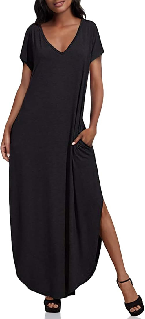 Match Women V-Neck Long Sleeve Plain Irregular Pockets Long Dress #152 | Amazon (US)