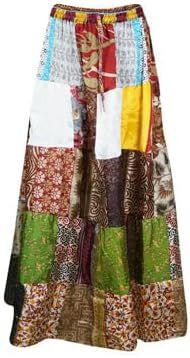 Womens Patchwork Maxi Skirt Colorful Silk Blend Beach Flare Long Skirts S/M Multicolor | Amazon (US)