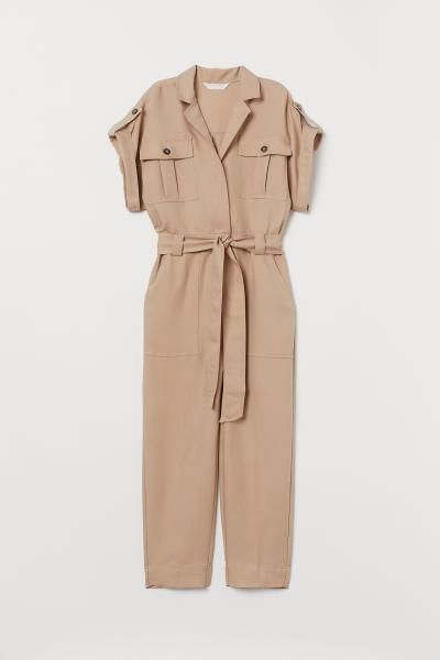 Ankle-length overall in a woven viscose blend. V-neck with notched lapels, concealed buttons at t... | H&M (US)