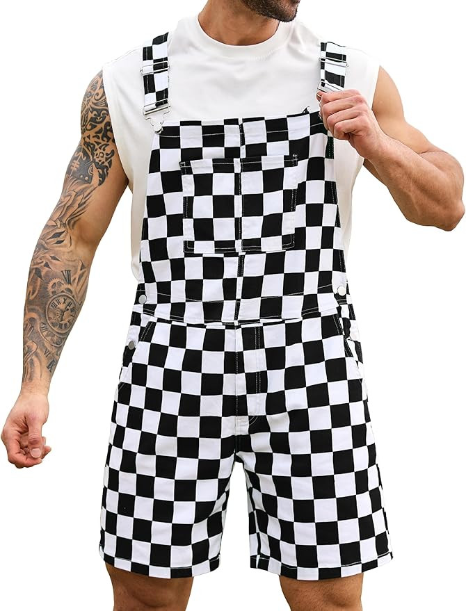 Checkered Bib Overalls for Men Jumpsuit Shorts Work Coveralls | Amazon (US)