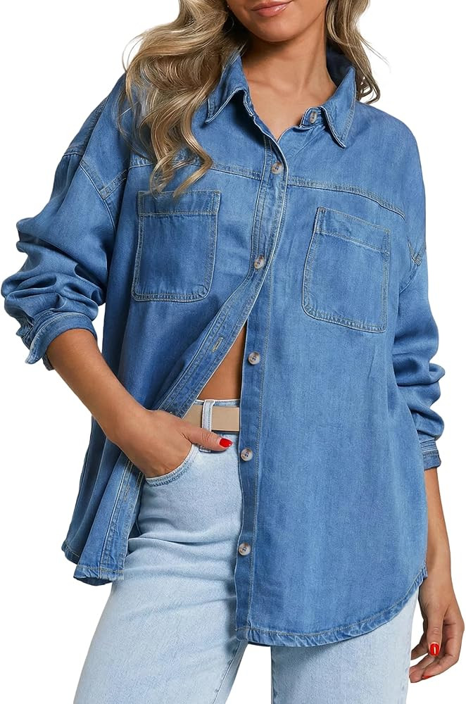 EMMIOL Women Denim Shirts Oversized Long Sleeve Button Down Blouse Distresse Jean Jacket Fall Out... | Amazon (US)