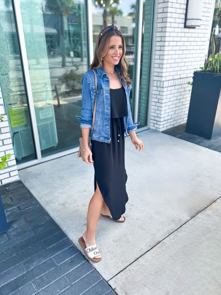 One of my favorite Amazon midi dresses in small, black! Adjustable straps + drawstring waist + quick dry material! Amazon denim jacket in weathered medium blue, XS. Chloe woody sandals. Amazon headband. Spring outfit. Resort wear. Vacation outfit (I always pack this).

#LTKtravel #LTKfindsunder50 #LTKshoecrush