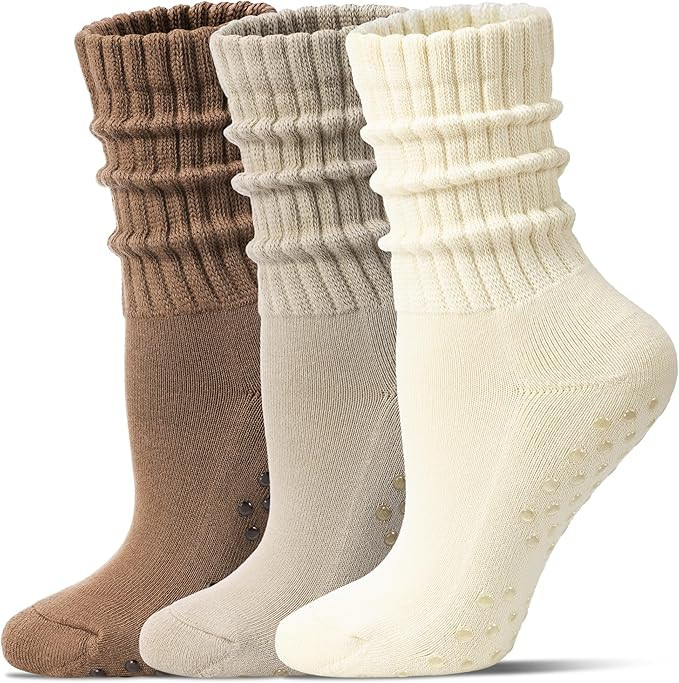Pilates Socks for Women Mid Calf Slouch Yoga Socks with Non Slip Grippers for Barre Boot Sock 3 P... | Amazon (US)