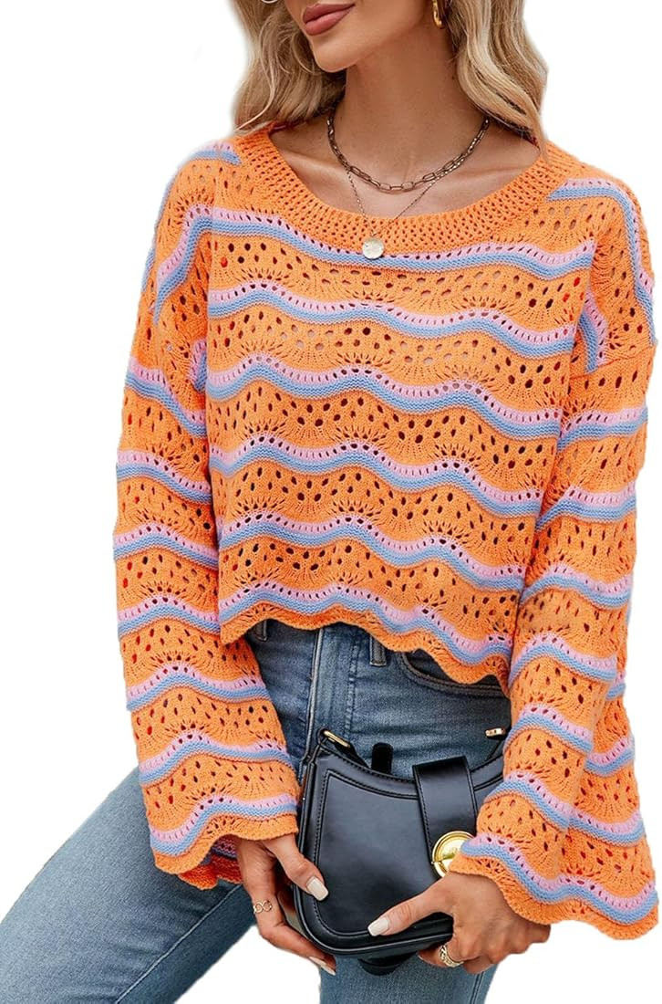 Lemon Girl Hollow Out Knit Stripe Sweaters Tops Dolman Sleeves Pullovers Loose Pullover Top | Amazon (US)
