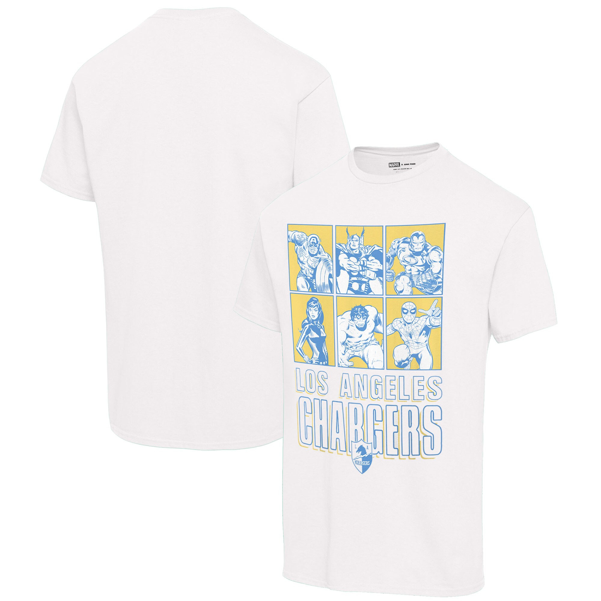 Unisex Los Angeles Chargers Junk Food White Disney Marvel Avengers Line-Up T-Shirt | NFL Shop
