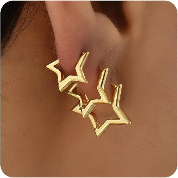 Sloong 3pairs Hoop Earrings Set 14K Gold Plated Lightweight Hypoallergenic Chunky Square Star Hea... | Amazon (US)