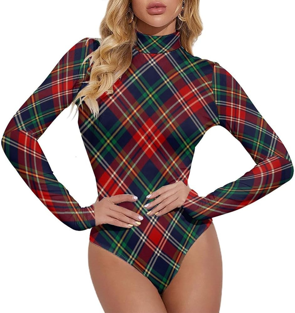 Bodysuits for Women Christmas Plaid Mock Turtle Neck Long Sleeve Basic Jumpsuit Slim Fit Spring F... | Amazon (US)